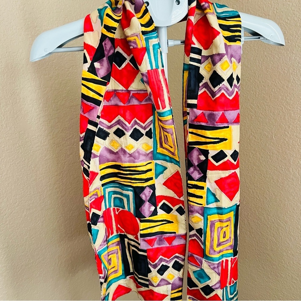 COLORFUL SILK SCARF WITH GEOMETRIC PRINT 10-1/2”x60”.